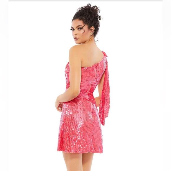 NWT Mac Duggal 5548 Sequin After Prom Dress Hot Pink Shoulder Mini Fitted Barbie - Picture 3 of 16